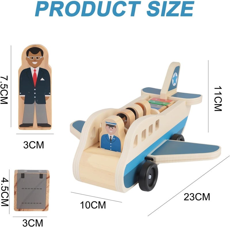KASTWAVE Wooden Toy Airplane for Kids, Toy Plane Playset with 4 Play Figures and 4 Suitcases, Role Play Travel Pretend Play, Airplane Birthday Gift for Boys and Girls (Blue) - Image 5