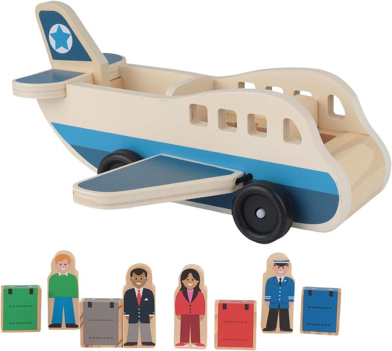KASTWAVE Wooden Toy Airplane for Kids, Toy Plane Playset with 4 Play Figures and 4 Suitcases, Role Play Travel Pretend Play, Airplane Birthday Gift for Boys and Girls (Blue) - Image 1