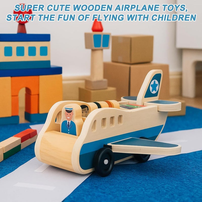 KASTWAVE Wooden Toy Airplane for Kids, Toy Plane Playset with 4 Play Figures and 4 Suitcases, Role Play Travel Pretend Play, Airplane Birthday Gift for Boys and Girls (Blue) - Image 3