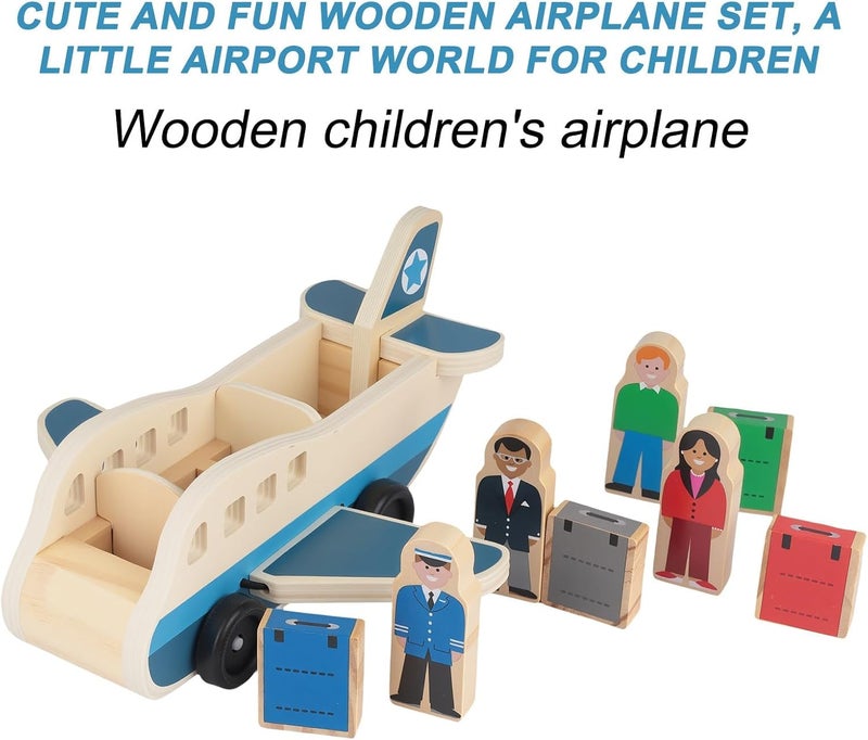 KASTWAVE Wooden Toy Airplane for Kids, Toy Plane Playset with 4 Play Figures and 4 Suitcases, Role Play Travel Pretend Play, Airplane Birthday Gift for Boys and Girls (Blue) - Image 2