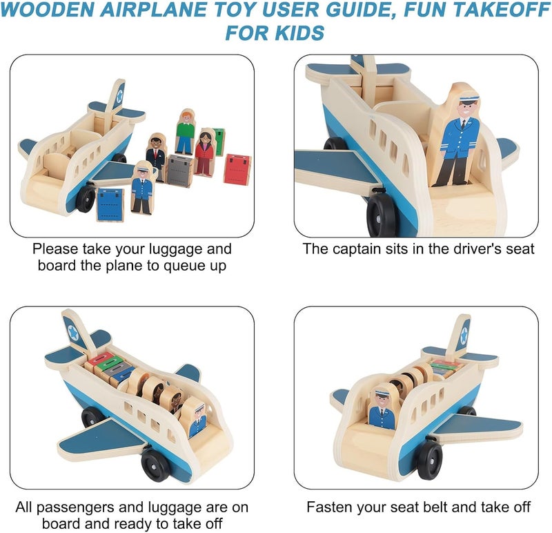 KASTWAVE Wooden Toy Airplane for Kids, Toy Plane Playset with 4 Play Figures and 4 Suitcases, Role Play Travel Pretend Play, Airplane Birthday Gift for Boys and Girls (Blue) - Image 4