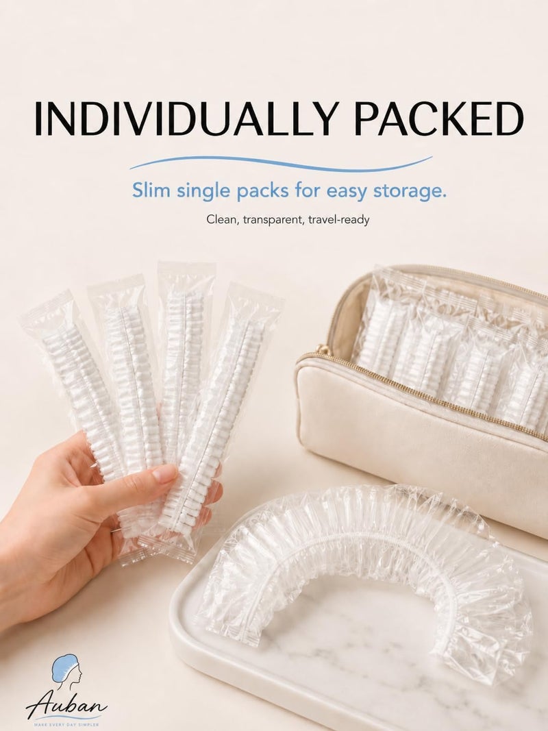 Auban Shower Cap Disposable, Larger Thick Clear Waterproof Plastic Elastic Bath Hair Caps for Women Men Kids, Travel Spa Hotel and Hair Salon, Home Use(100 Individually Pack) - Image 2