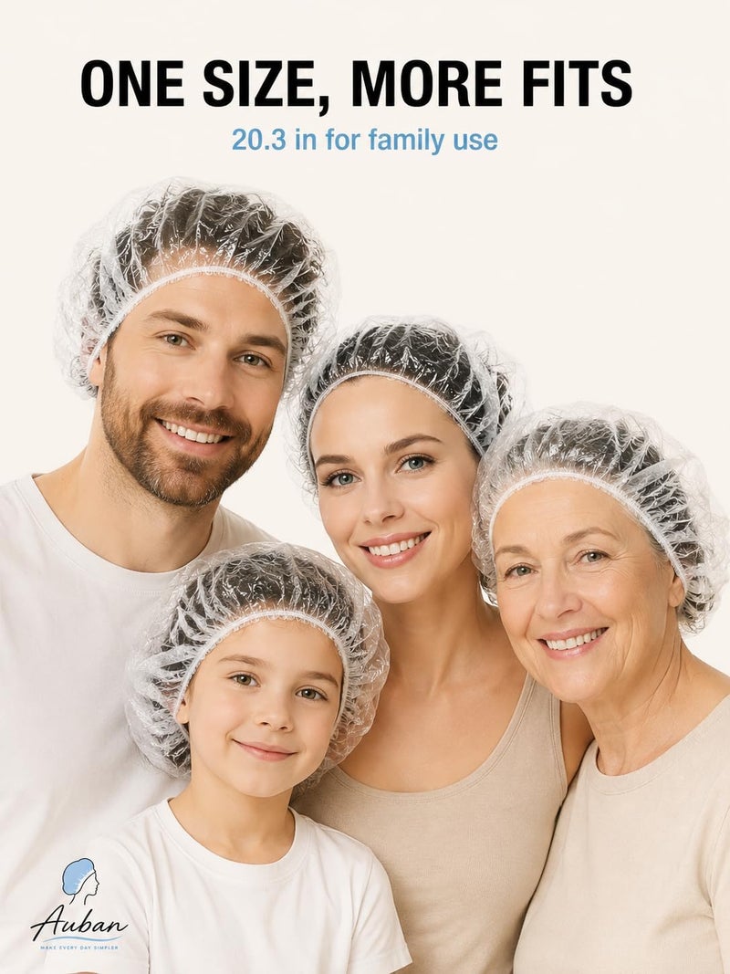 Auban Shower Cap Disposable, Larger Thick Clear Waterproof Plastic Elastic Bath Hair Caps for Women Men Kids, Travel Spa Hotel and Hair Salon, Home Use(100 Individually Pack) - Image 5
