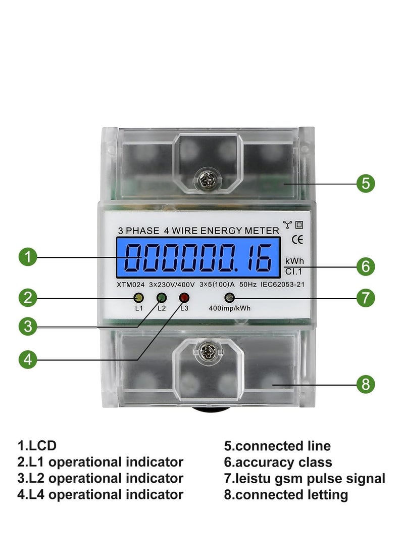 Generic - Top-Hat Rail Calibrated Electricity Meter - 3-Phase 4-Wire Three Current Meter with LCD Digital Display for 230/400V Power Systems (5-100A) - Image 1