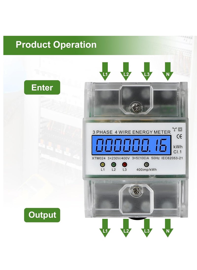 Generic - Top-Hat Rail Calibrated Electricity Meter - 3-Phase 4-Wire Three Current Meter with LCD Digital Display for 230/400V Power Systems (5-100A) - Image 1