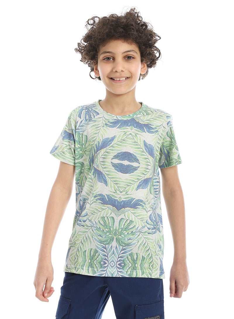 Andora Tropical Jungle Print Boys T-Shirt_Green, beige &blue - Image 1