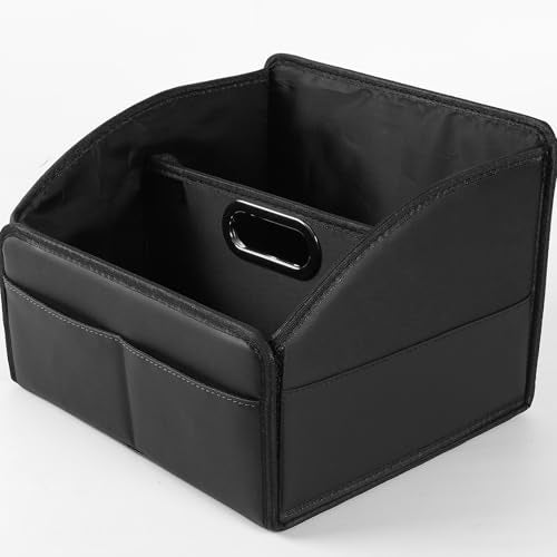 Uplien Car Storage Organizer 2025 UPDATED Leather Car Caddy Basket for Front Seat Floor Back Seats Metal Handle 6 Compartments Adjustable Strap Buckles SlipResistant Black - Image 1