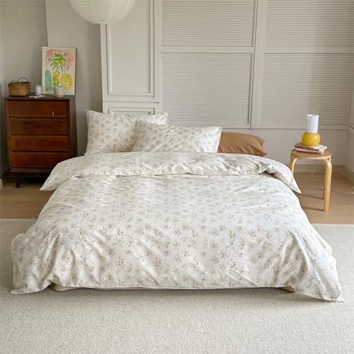 MOTNTD Floral Duvet Cover Queen Size Coquette Off White Queen Comforter Cover Boho Cotton Cute Lightweight Duvet Cover Set with Hidden Zipper Chic Soft Bedding Queen Size Breathable Duvet Protector - Image 3
