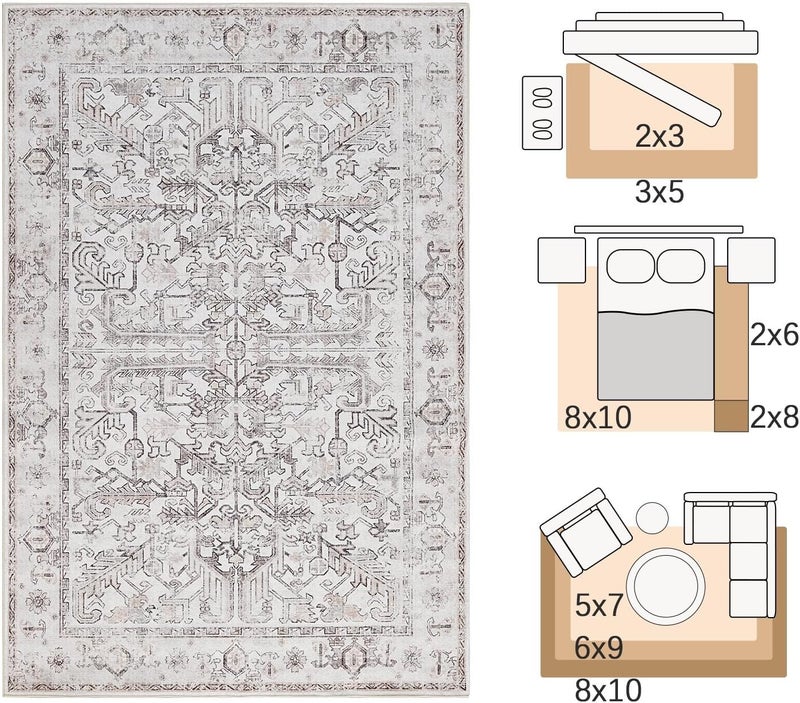jinchan Antibacterial Area Rug Washable Bohemian Hallway Carpet 240x305CM Taupe Floral Thin Mat Non Slip Floor Cover for Bathroom Kids Nursey Entryway Laundry Room Bedroom - Image 2