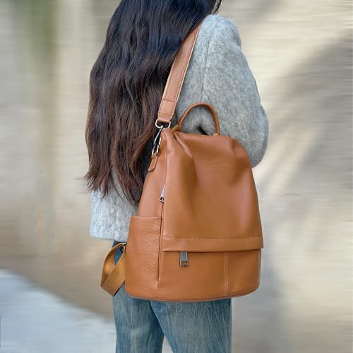 Wesccimo Genuine Leather Backpack Purse For Women Antitheft Real Soft Orange Brown Fashion Designer Convertible Shoulder Bag - Image 3
