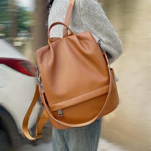 Wesccimo Genuine Leather Backpack Purse For Women Antitheft Real Soft Orange Brown Fashion Designer Convertible Shoulder Bag - Image 2