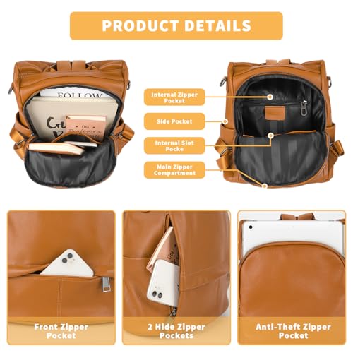 Wesccimo Genuine Leather Backpack Purse For Women Antitheft Real Soft Orange Brown Fashion Designer Convertible Shoulder Bag - Image 5