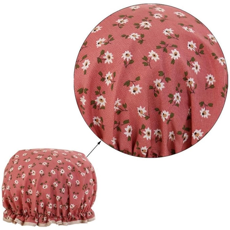 Flower Bath Caps Cotton Waterproof Elastic Band Shower Hat for Women Girl Shower Hair Protection (purplished red& khaki color) - Image 4