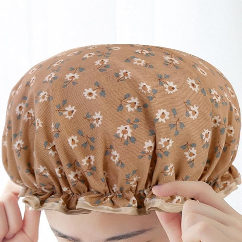 Flower Bath Caps Cotton Waterproof Elastic Band Shower Hat for Women Girl Shower Hair Protection (purplished red& khaki color) - Image 5