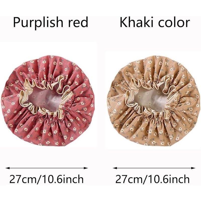 Flower Bath Caps Cotton Waterproof Elastic Band Shower Hat for Women Girl Shower Hair Protection (purplished red& khaki color) - Image 2