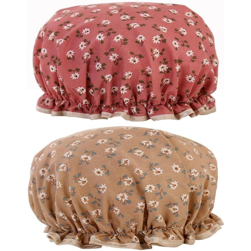 Flower Bath Caps Cotton Waterproof Elastic Band Shower Hat for Women Girl Shower Hair Protection (purplished red& khaki color) - Image 1