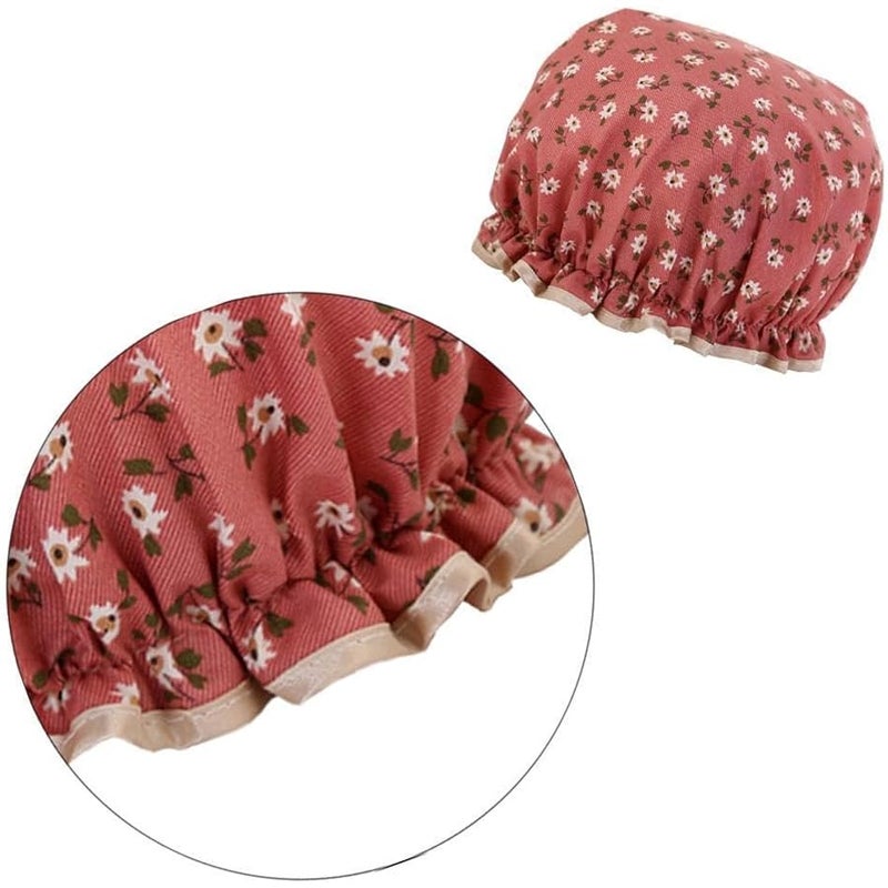 Flower Bath Caps Cotton Waterproof Elastic Band Shower Hat for Women Girl Shower Hair Protection (purplished red& khaki color) - Image 3