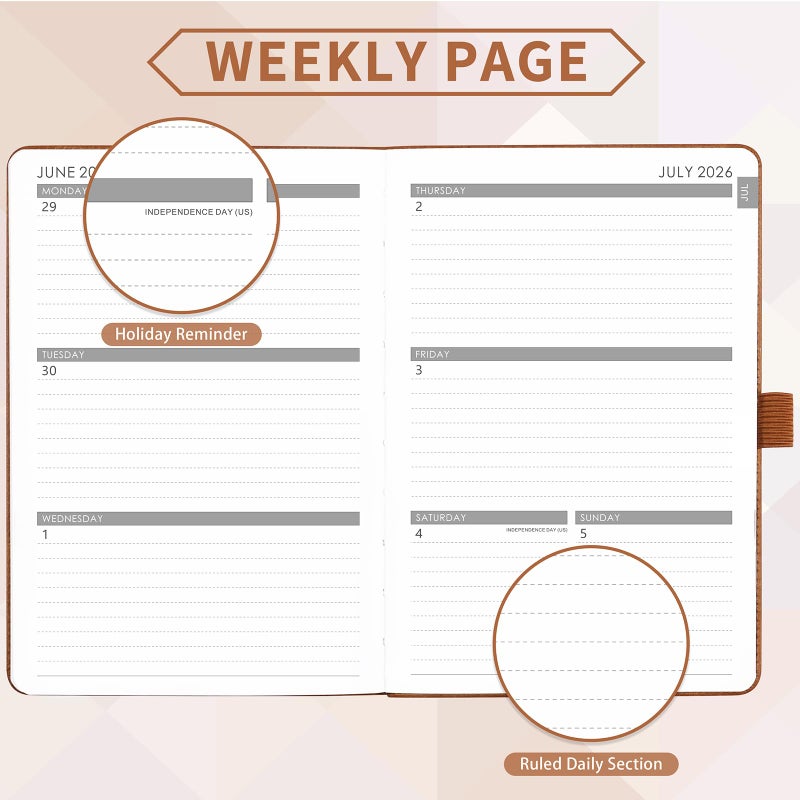 Libroter 2026-2027 Planner - Academic Planner 2026-2027 Weekly Monthly Planner, July 2026 - June 2027, 5.7'' x 8.4'', Thick Paper, Leather Cover, Pen Holder, Back Pocket, Perfect Daily Organizer - Brown - Image 3