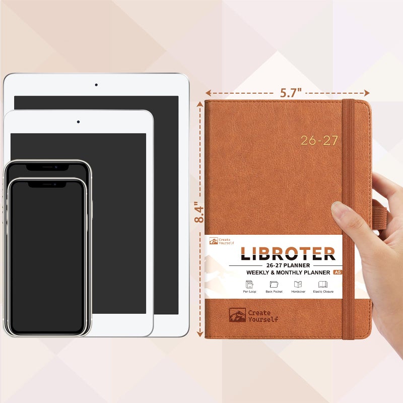 Libroter 2026-2027 Planner - Academic Planner 2026-2027 Weekly Monthly Planner, July 2026 - June 2027, 5.7'' x 8.4'', Thick Paper, Leather Cover, Pen Holder, Back Pocket, Perfect Daily Organizer - Brown - Image 2