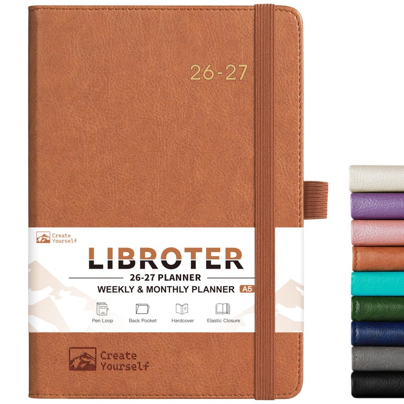 Libroter 2026-2027 Planner - Academic Planner 2026-2027 Weekly Monthly Planner, July 2026 - June 2027, 5.7'' x 8.4'', Thick Paper, Leather Cover, Pen Holder, Back Pocket, Perfect Daily Organizer - Brown - Image 1