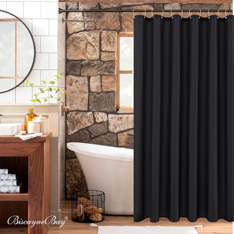 Biscaynebay Fabric Extra Long Shower Curtain Liners 72" Width by 96" Length, Black Water Resistant Bathroom Curtains, Rust Resistant Grommets Top Weighted Bottom Machine Washable - Image 2