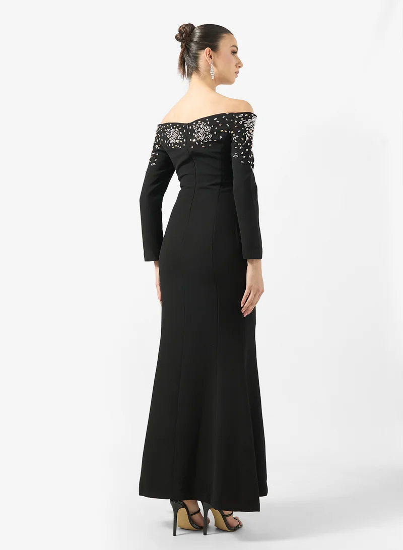 Ginger Boutique Sweetheart Neckline Off Shoulder Rhinestone Embellished Luxe Gown