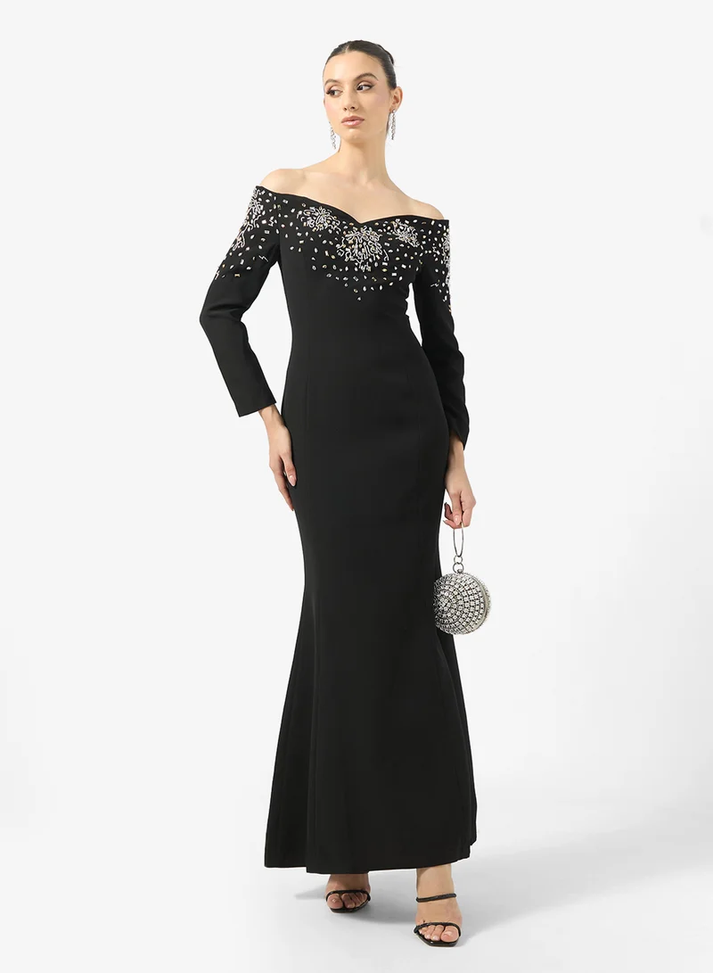 Ginger Boutique Sweetheart Neckline Off Shoulder Rhinestone Embellished Luxe Gown