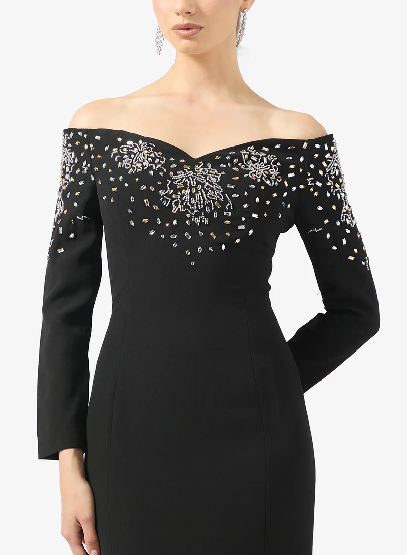 Ginger Boutique Sweetheart Neckline Off Shoulder Rhinestone Embellished Luxe Gown