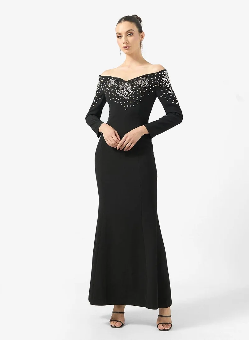 Ginger Boutique Sweetheart Neckline Off Shoulder Rhinestone Embellished Luxe Gown