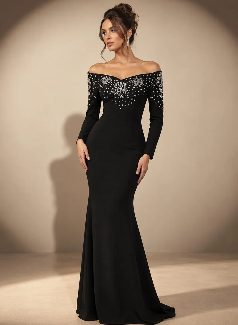 Ginger Boutique Sweetheart Neckline Off Shoulder Rhinestone Embellished Luxe Gown