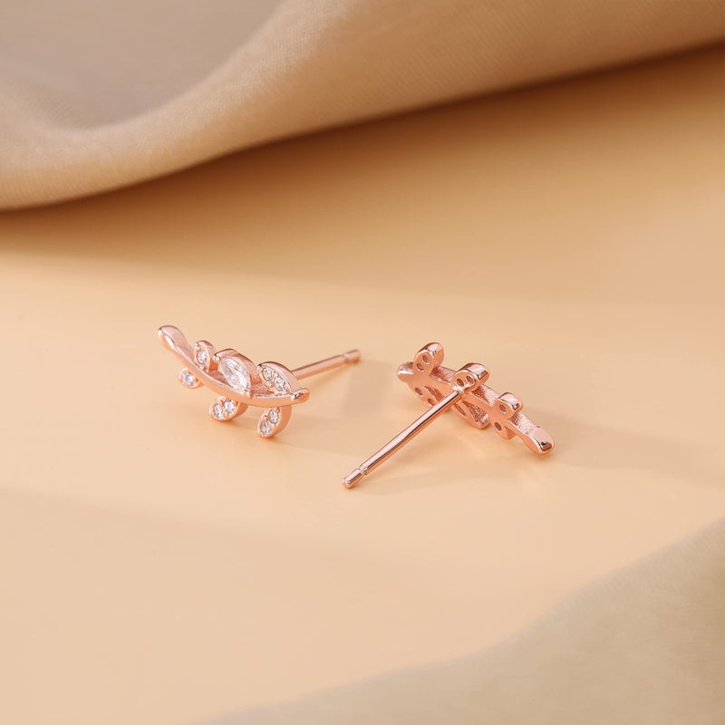 Reffeer Solid 925 Sterling Silver Leaf Crawler Stud Earrings for Women Teen Girls Crystal Leaf Stud Earrings (C-Rose Gold) - Image 5