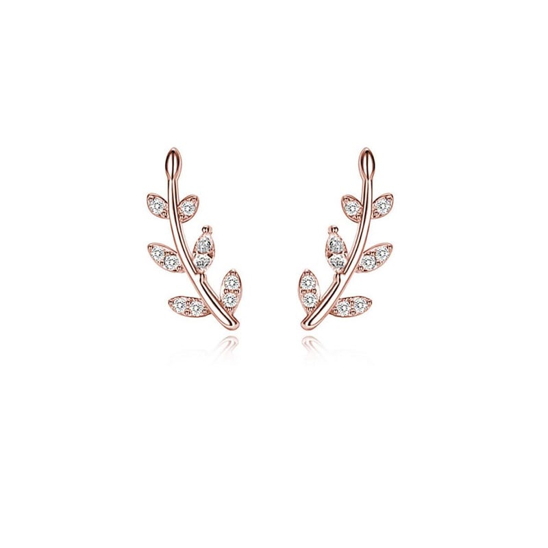 Reffeer Solid 925 Sterling Silver Leaf Crawler Stud Earrings for Women Teen Girls Crystal Leaf Stud Earrings (C-Rose Gold) - Image 1