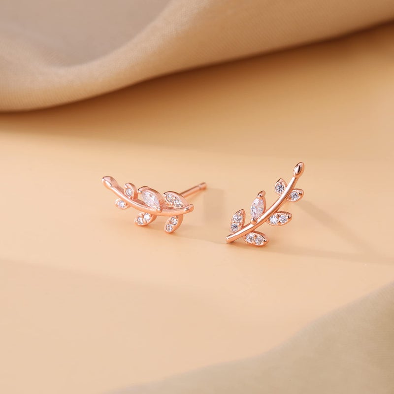 Reffeer Solid 925 Sterling Silver Leaf Crawler Stud Earrings for Women Teen Girls Crystal Leaf Stud Earrings (C-Rose Gold) - Image 3