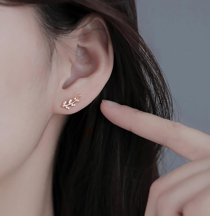 Reffeer Solid 925 Sterling Silver Leaf Crawler Stud Earrings for Women Teen Girls Crystal Leaf Stud Earrings (C-Rose Gold) - Image 2