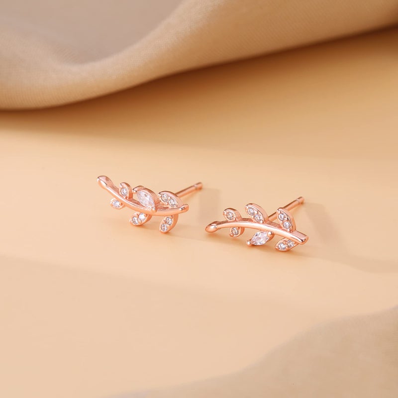 Reffeer Solid 925 Sterling Silver Leaf Crawler Stud Earrings for Women Teen Girls Crystal Leaf Stud Earrings (C-Rose Gold) - Image 4