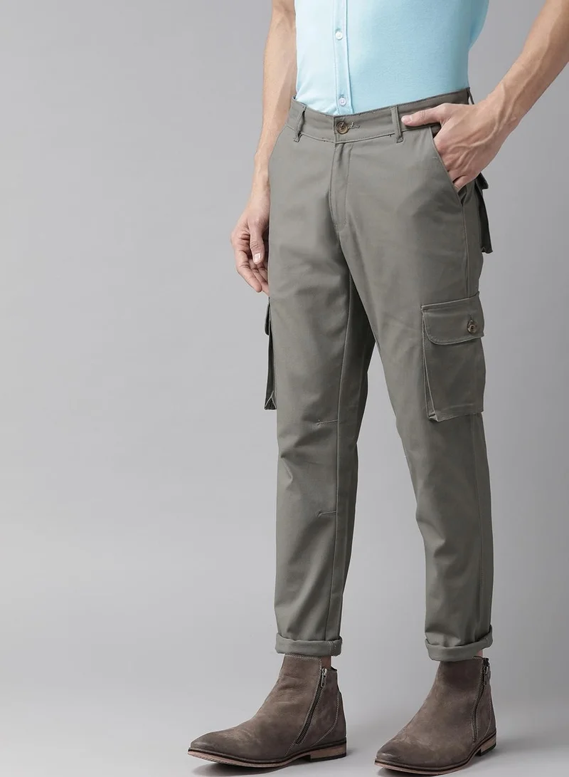 هوبرهولمي Light Grey Slim Fit Mid-Rise Stretch Cargo Trousers for Men