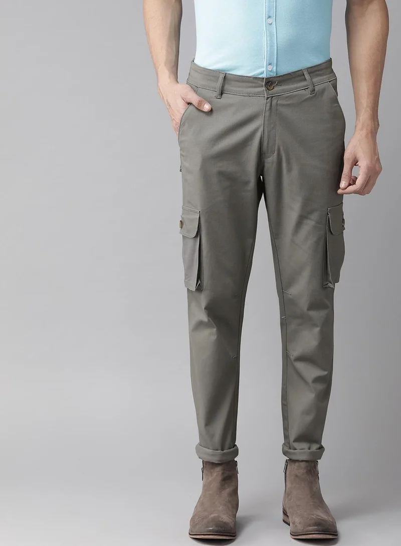 هوبرهولمي Light Grey Slim Fit Mid-Rise Stretch Cargo Trousers for Men