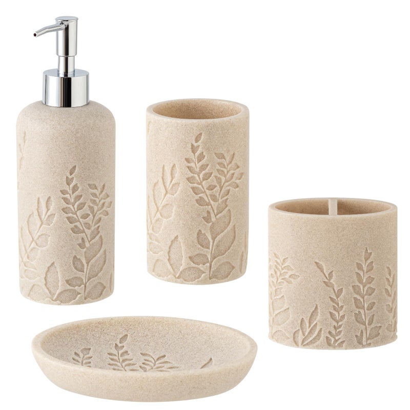 Haocoott Bathroom Accessories Set, 4 PCS Bathroom Accessory Sets with Soap Dispenser 13 OZ, Toothbrush Holder, Tumbler, Soap Dish, Bathroom Countertop Organizer, Sea Bathroom Decor (Leaf Beach) - Image 1