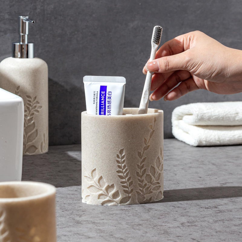 Haocoott Bathroom Accessories Set, 4 PCS Bathroom Accessory Sets with Soap Dispenser 13 OZ, Toothbrush Holder, Tumbler, Soap Dish, Bathroom Countertop Organizer, Sea Bathroom Decor (Leaf Beach) - Image 4