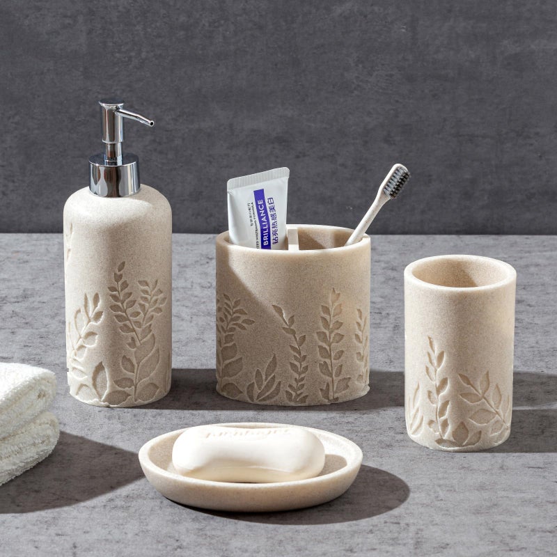 Haocoott Bathroom Accessories Set, 4 PCS Bathroom Accessory Sets with Soap Dispenser 13 OZ, Toothbrush Holder, Tumbler, Soap Dish, Bathroom Countertop Organizer, Sea Bathroom Decor (Leaf Beach) - Image 2