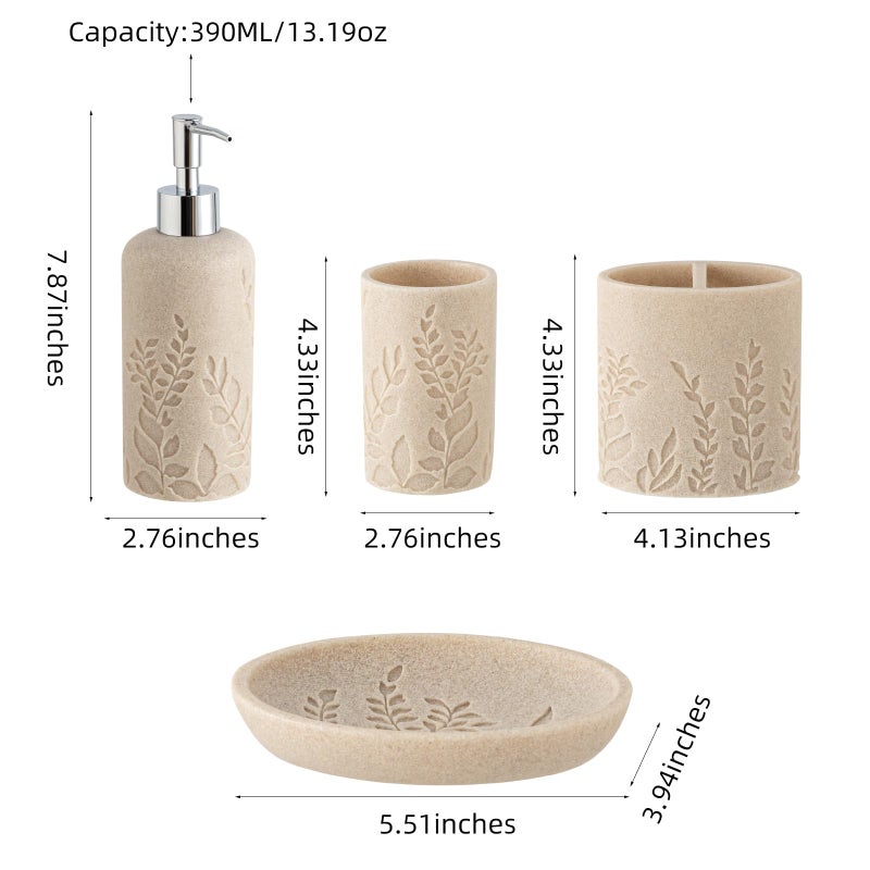 Haocoott Bathroom Accessories Set, 4 PCS Bathroom Accessory Sets with Soap Dispenser 13 OZ, Toothbrush Holder, Tumbler, Soap Dish, Bathroom Countertop Organizer, Sea Bathroom Decor (Leaf Beach) - Image 3