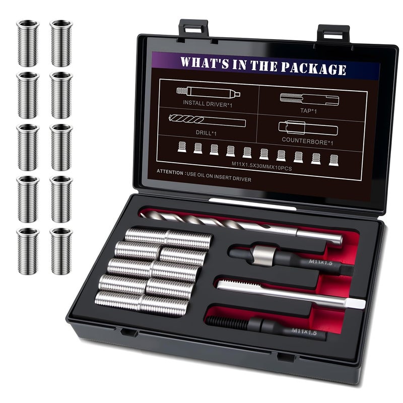 SENNMONN M11X15 Metric Thread Repair Kit with Insert HSS Drill Tap Counterbore Installation Driver 10PCS Stainless Steel Insert M11X15X30MM - Image 2