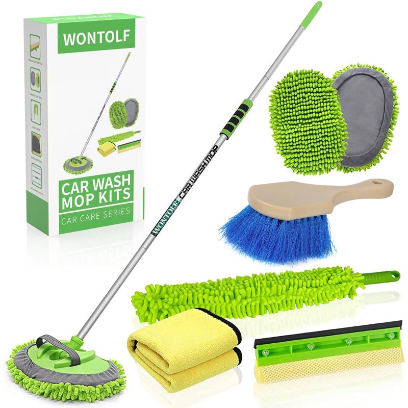 Wontolf 62 Car Wash Brush with Long Handle Chenille Microfiber Car Wash Mop Mitt Car Cleaning Kit Windshield Window Squeegee Car Duster Microfiber Towels Wheel Tire Brush for Cars RV Truck Boat