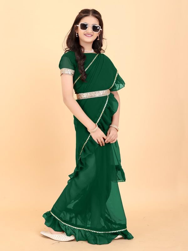 Xavima Kids Solid/Plain Georgette Belt Ready to Wear Saree With Unstitched Blouse Piece- Green_Size : 6-7 Y - Image 4
