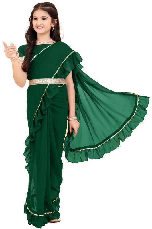 Xavima Kids Solid/Plain Georgette Belt Ready to Wear Saree With Unstitched Blouse Piece- Green_Size : 6-7 Y - Image 1