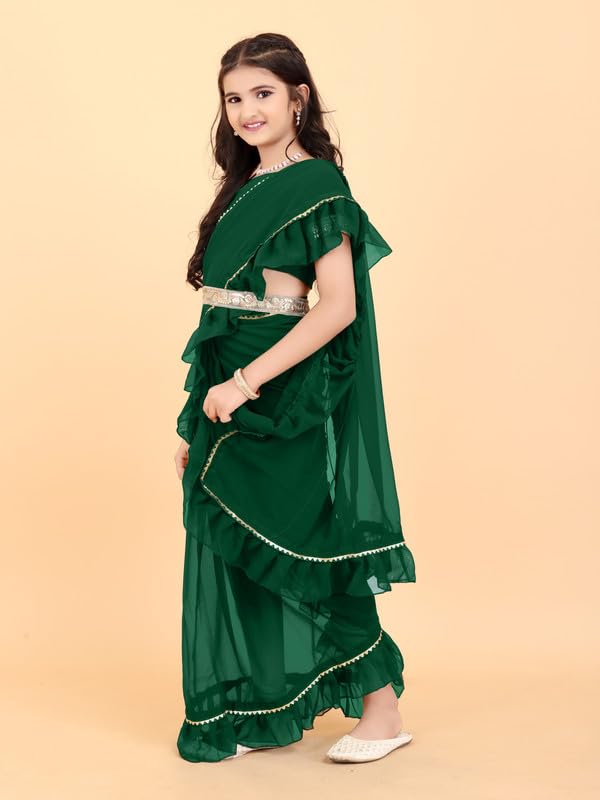 Xavima Kids Solid/Plain Georgette Belt Ready to Wear Saree With Unstitched Blouse Piece- Green_Size : 6-7 Y - Image 3