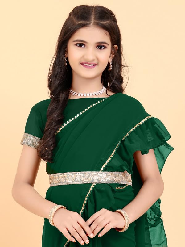 Xavima Kids Solid/Plain Georgette Belt Ready to Wear Saree With Unstitched Blouse Piece- Green_Size : 6-7 Y - Image 2