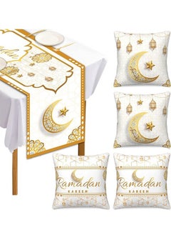 Ramadan Decorations, Ramadan Tablecloth with 4Pcs Decorative Pillow Covers, 5pcs Ramadan Decorations for Muslim Eid Mubarak Party Home Kitchen Dining Room Table