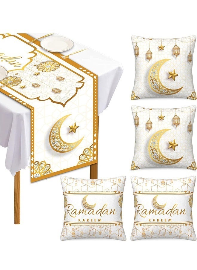 Yoawllty - Ramadan Decorations, Ramadan Tablecloth with 4Pcs Decorative Pillow Covers, 5pcs Ramadan Decorations for Muslim Eid Mubarak Party Home Kitchen Dining Room Table - Image 1