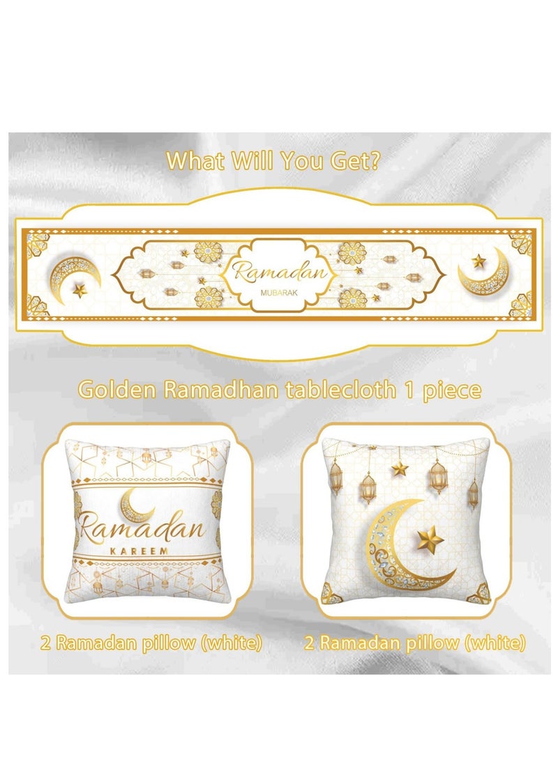 Yoawllty - Ramadan Decorations, Ramadan Tablecloth with 4Pcs Decorative Pillow Covers, 5pcs Ramadan Decorations for Muslim Eid Mubarak Party Home Kitchen Dining Room Table - Image 1